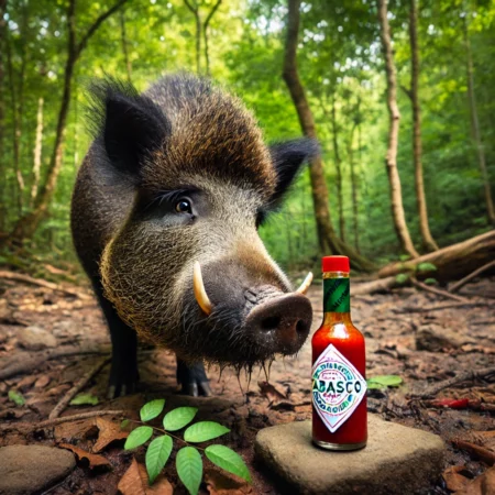 Von CHat GPT generiertes Bild mit einem Eber und einer Flasche Tabasco im Wald