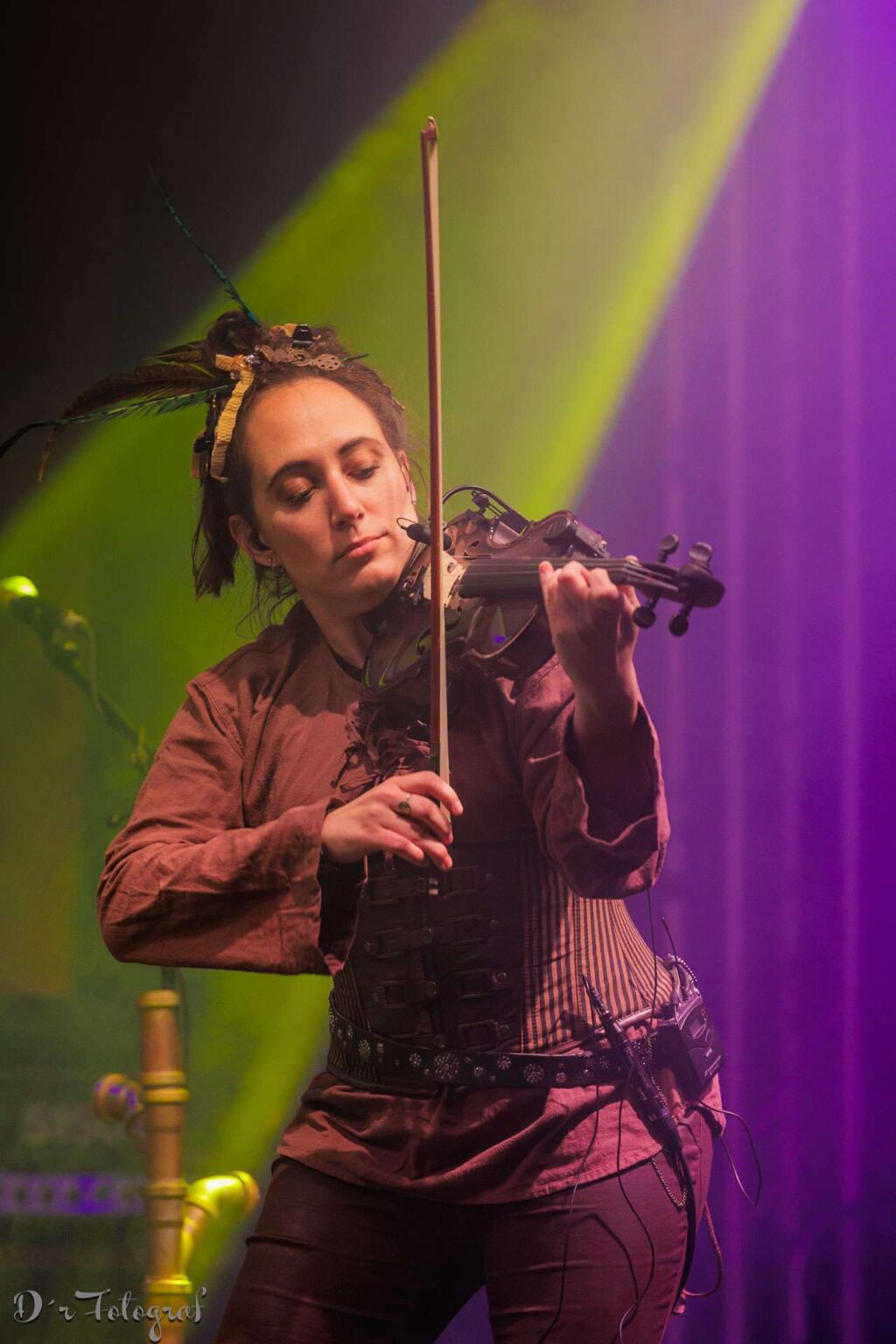Das Bild zeigt eine Frau, die Violine spielt. Sie trägt ein braunes Oberteil und eine Art Korsett. Das Bühnenlicht ist violett und grünlich. Der Fokus liegt auf der Frau und ihrem Spiel.