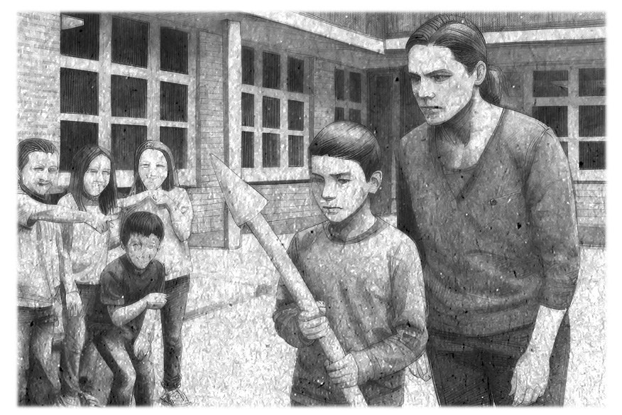 Schwarzweiss-Zeichnung Ein Junge hält eine lange Lanze mit einer spitzen Spitze, neben ihm steht eine Frau, im Hintergrund mehrere Kinder, die den Jungen auslachen.