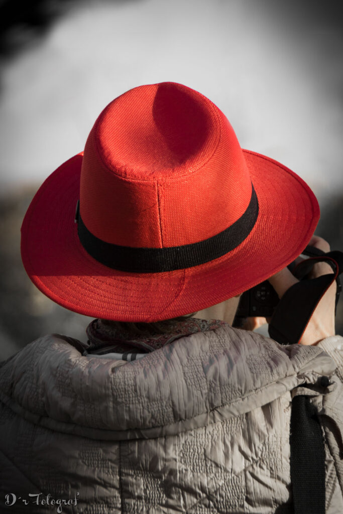 Roter Damenhut auf dem Kopf einer Frau von hinten