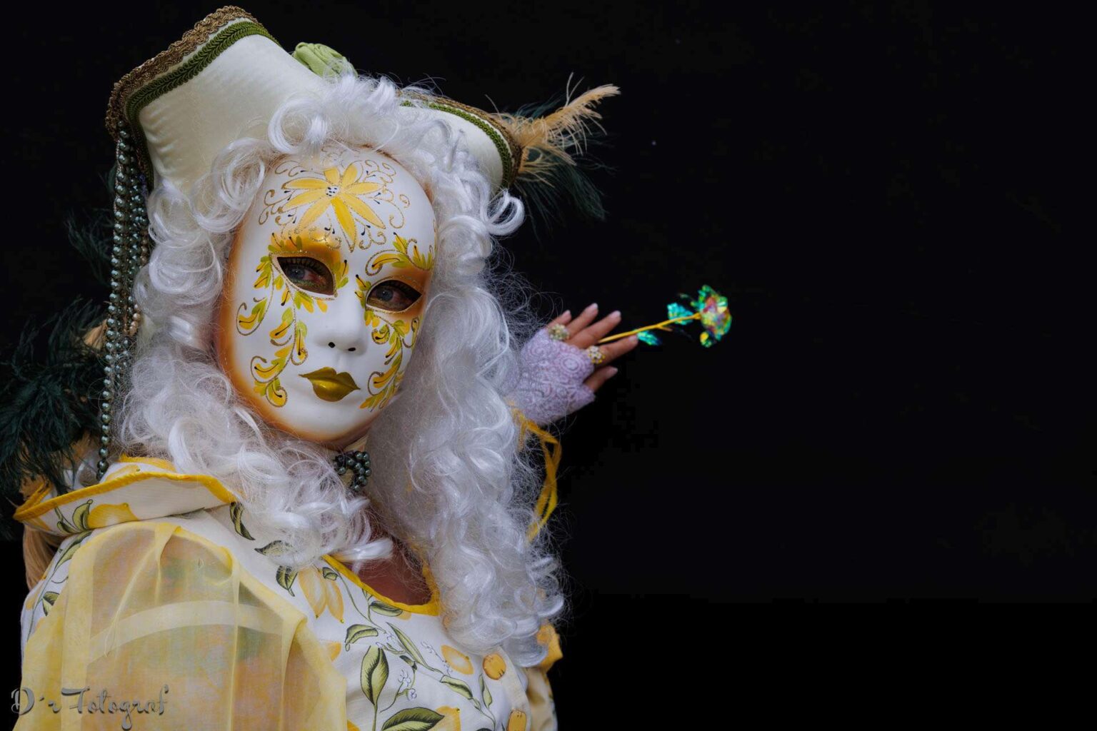 Venezianische Maske (Frau) mit Vollmaske weiss mit gelben aufgemalten Blüten und grünen Blättern. Die Frau trägt eine passende Kopfbedeckung. Auf dem Porträt ist auch noch ein Teil des Kostüms zu erkennen, welches gelbe Tüllärmel hat und einen Druck auf weissem Grund hat, der Limonen in gelb und Blätter in grün darstellt. Die Person hält eine Rose aus Gls in der linken Hand, die sich an einem schwarzen Hintergrund abstützt.