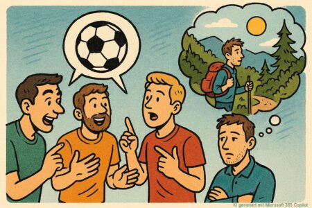 Comic Illustration, erstellt mit Microsoft 365 Copilot KI: Drei Männer stehen beieienander und diskutieren über Fussball (dargestellt durch eine Sprechblase, die einen Fussball enthält). Daneben steht ein einzelner Mann mit einer "Denkblase" über seinem Kopfe welches ihn in der Natur (Berge, Wald, Sonne) zeigt.